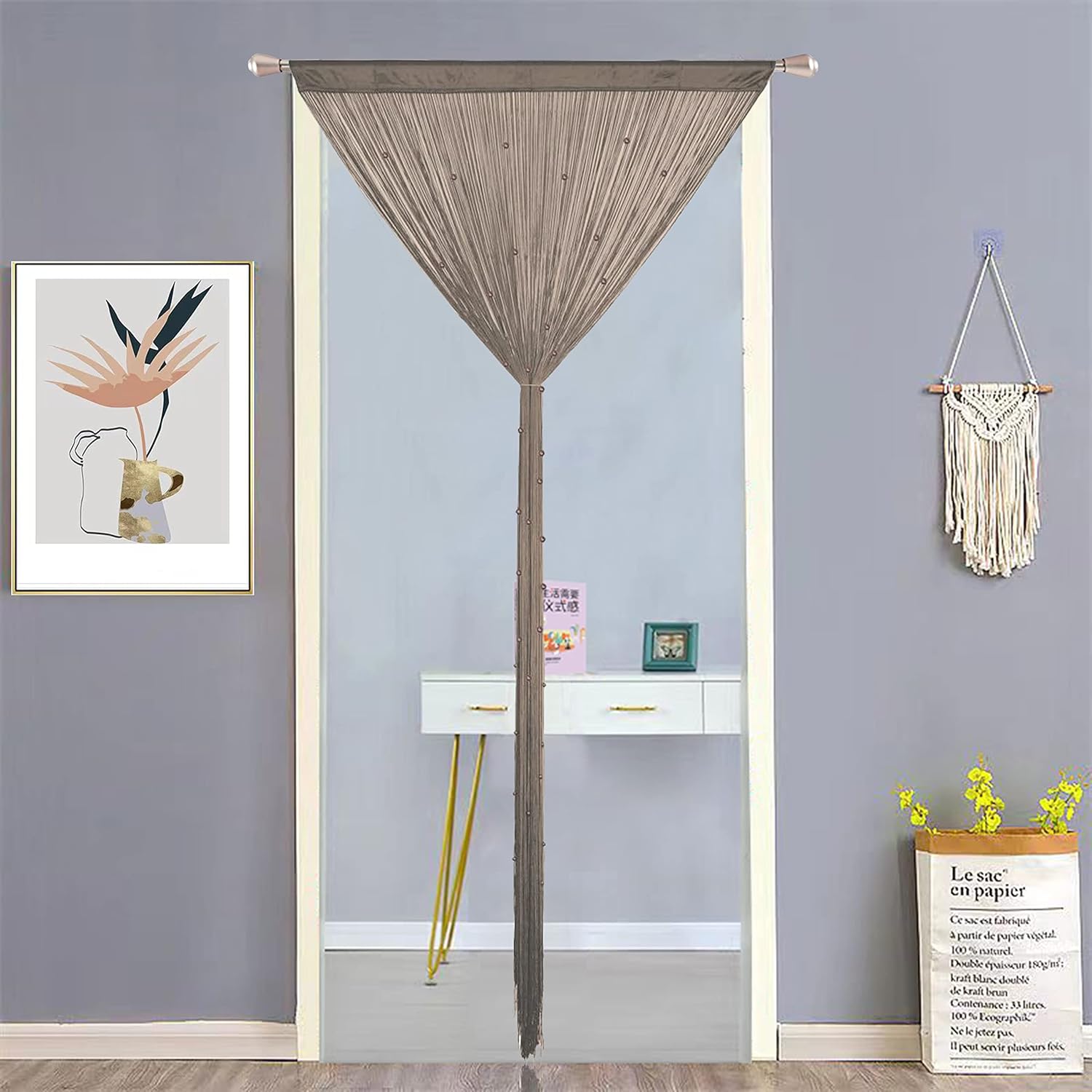 Beaded Curtain with Telescopic Rod for Privacy and Decor