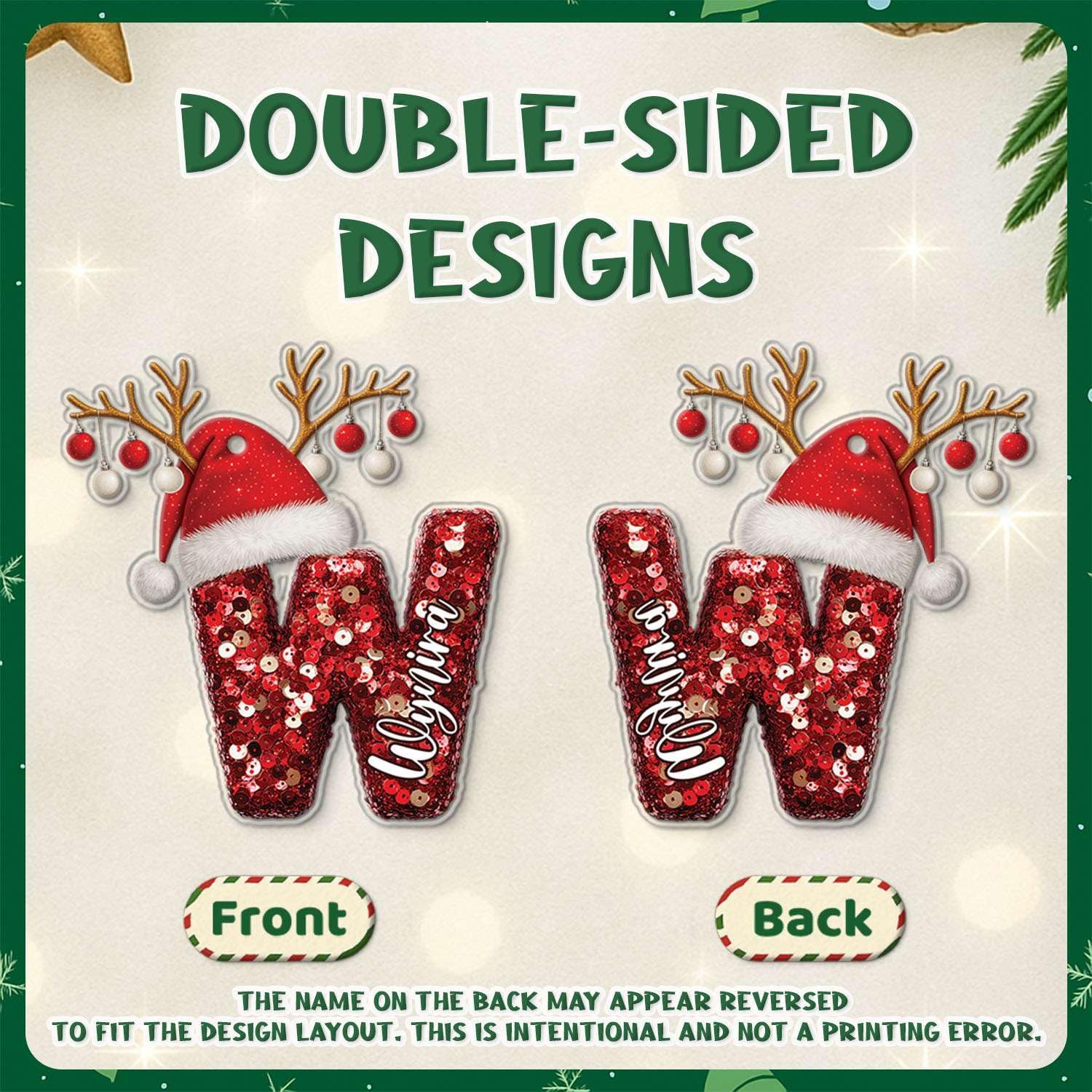 Personalized W Acrylic Ornament with Santa Hat Design