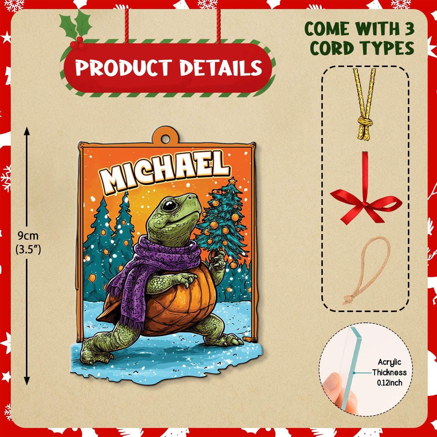 Custom Name Turtle Christmas Hanging Ornament Personalized Acrylic Animal Decoration