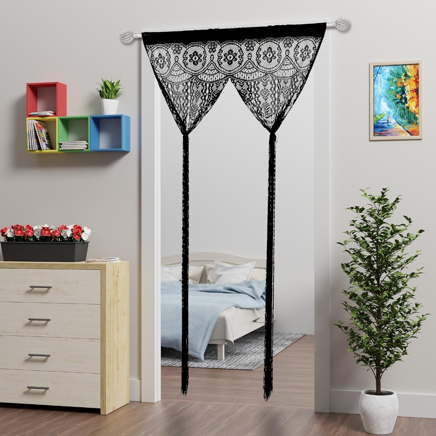 Lace Door String Curtain Black 39x79in