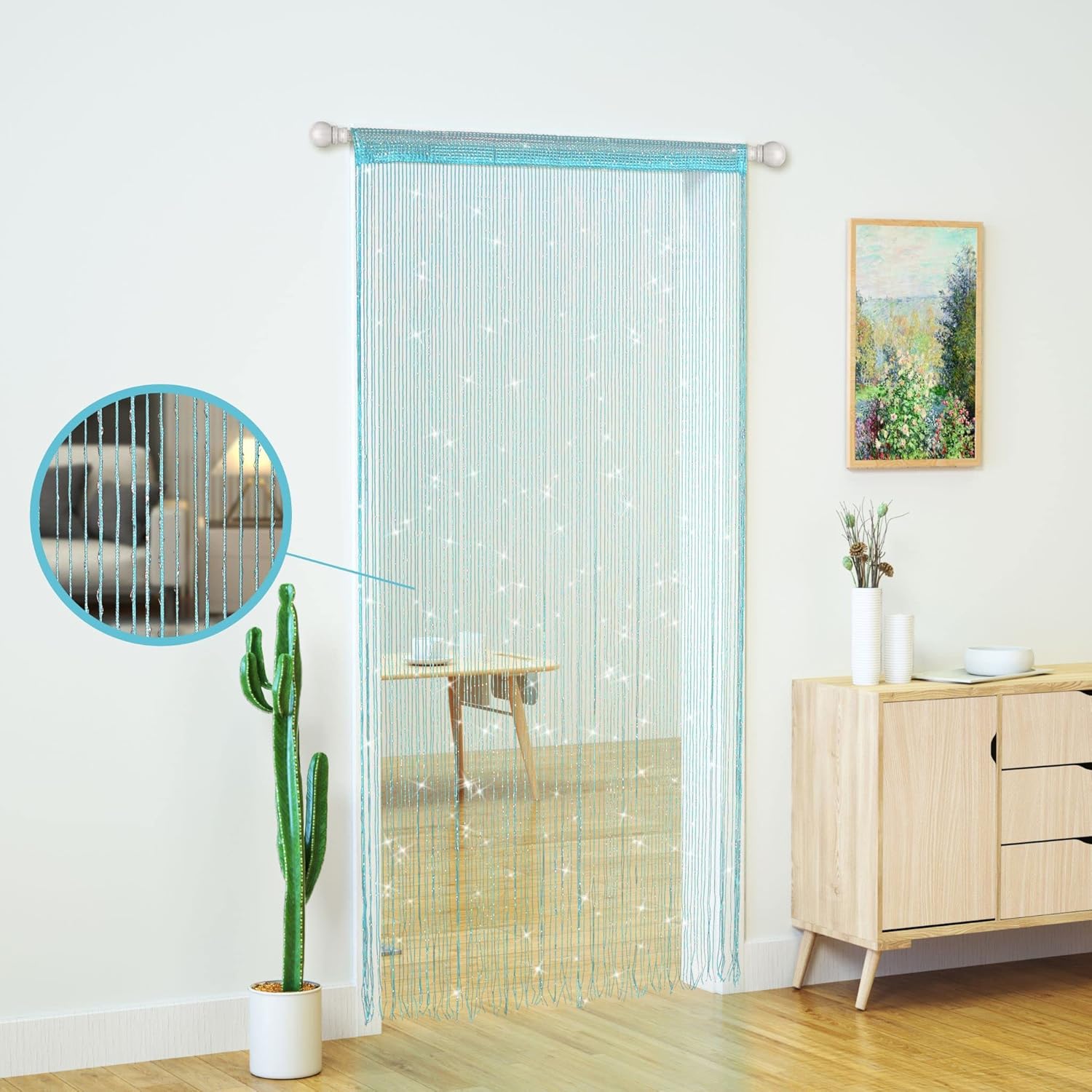 Glitter Beaded Curtain Panel Blue 39x79 Inches