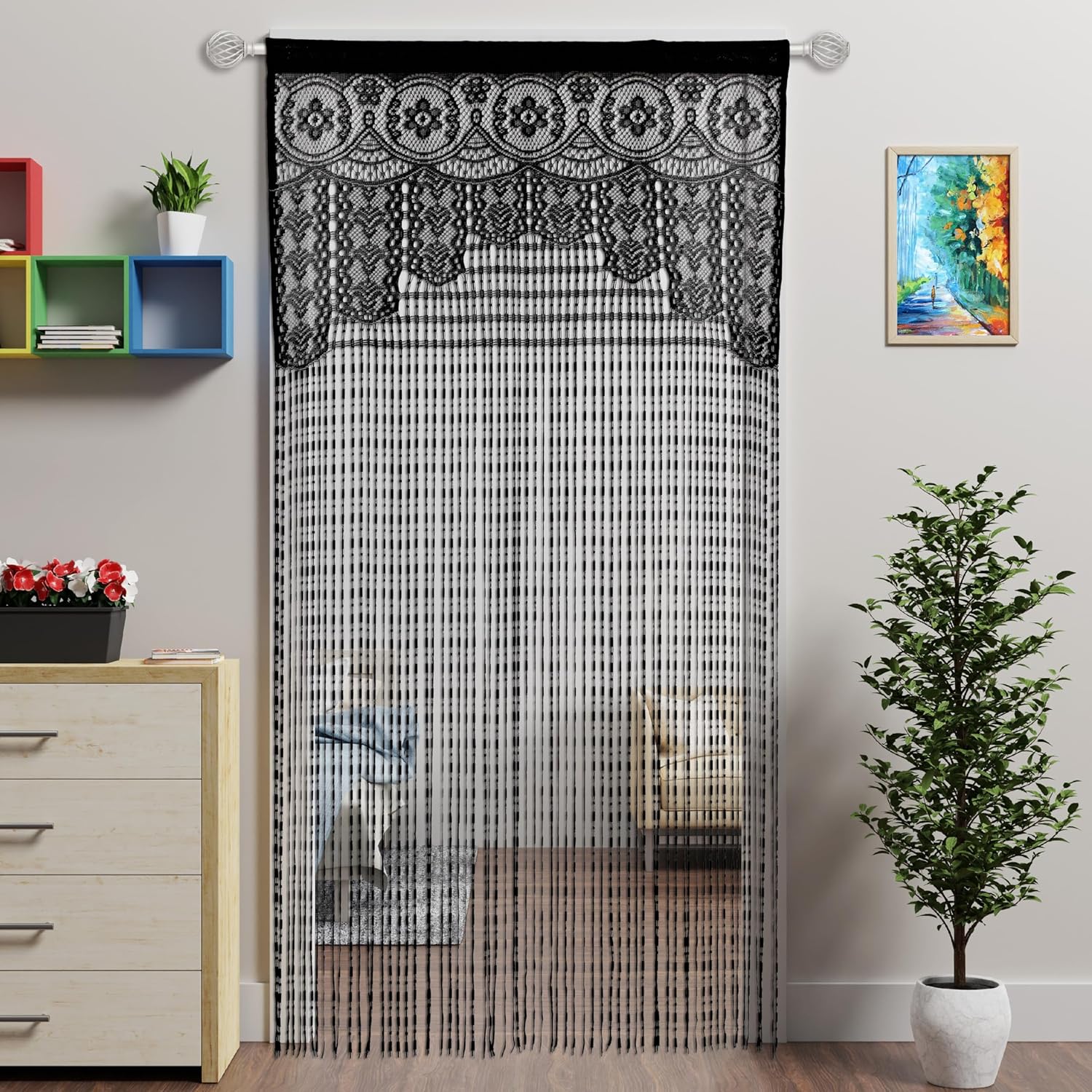 Lace Door String Curtain Black 39x79in