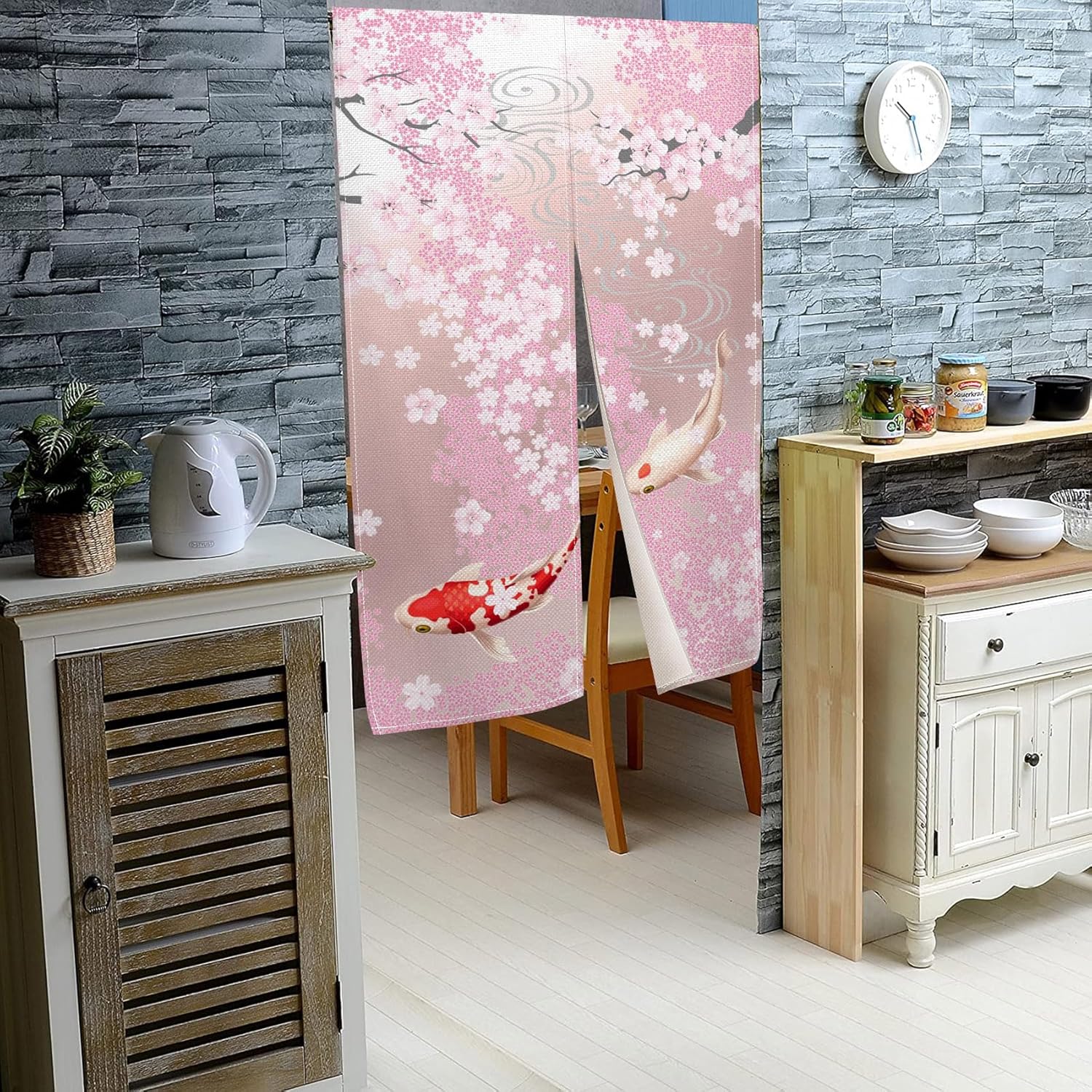 Japanese Pink Cherry Blossom Koi Noren Curtain 335x709