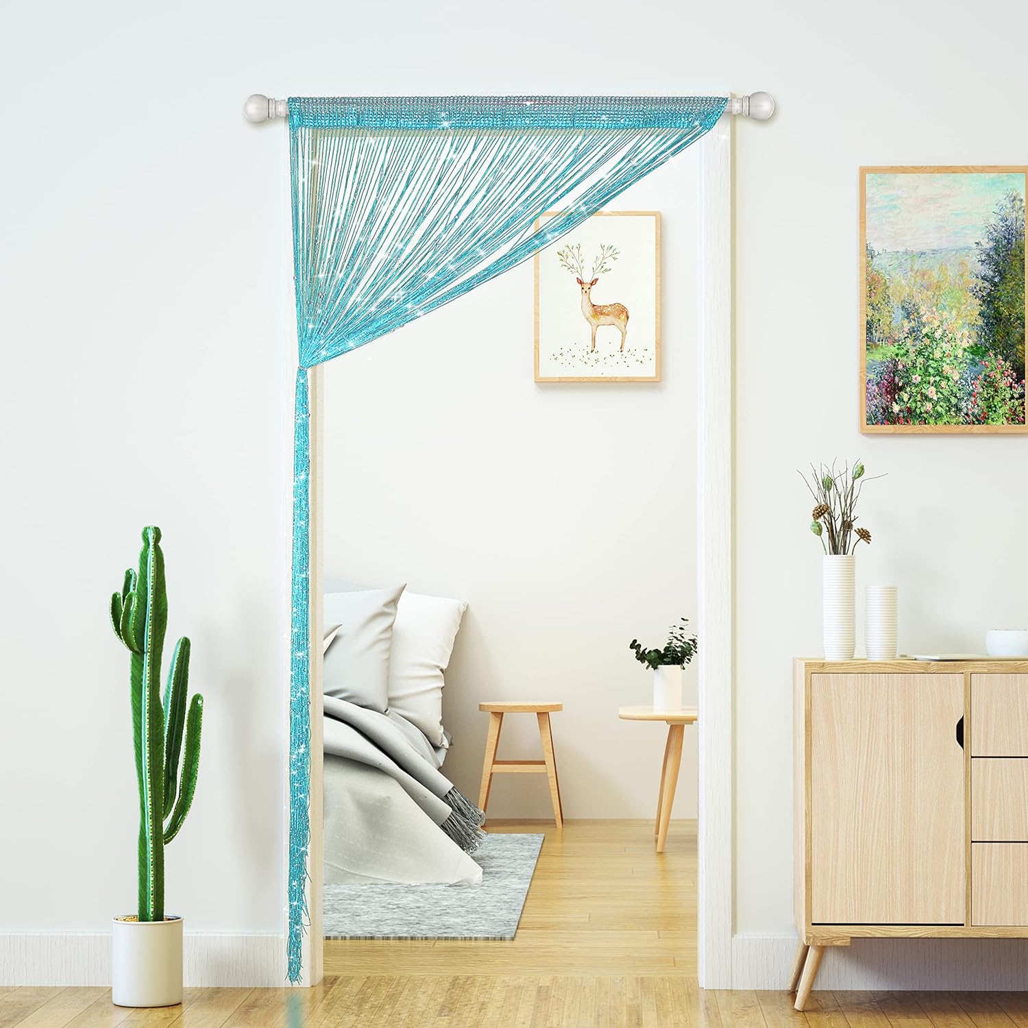 Glitter Beaded Curtain Panel Blue 39x79 Inches