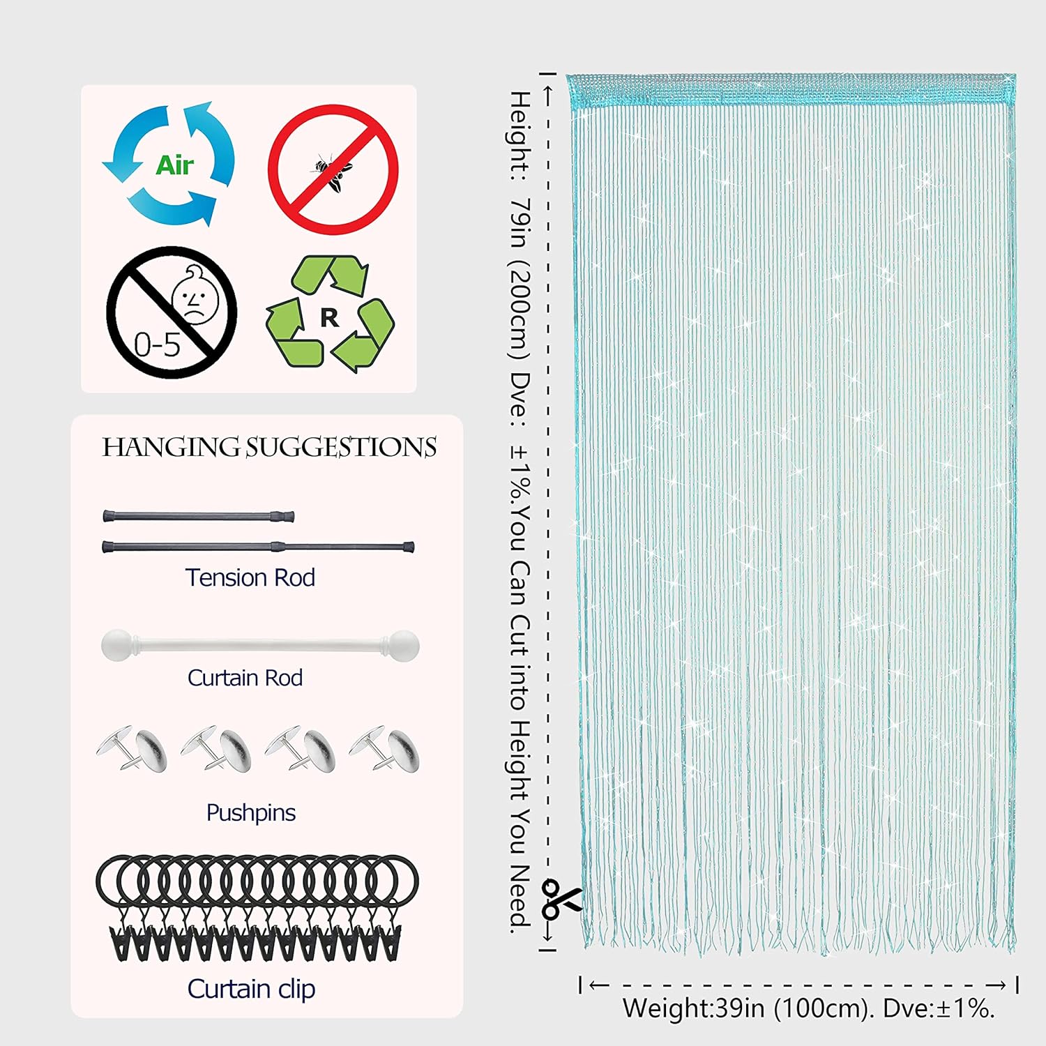 Glitter Beaded Curtain Panel Blue 39x79 Inches