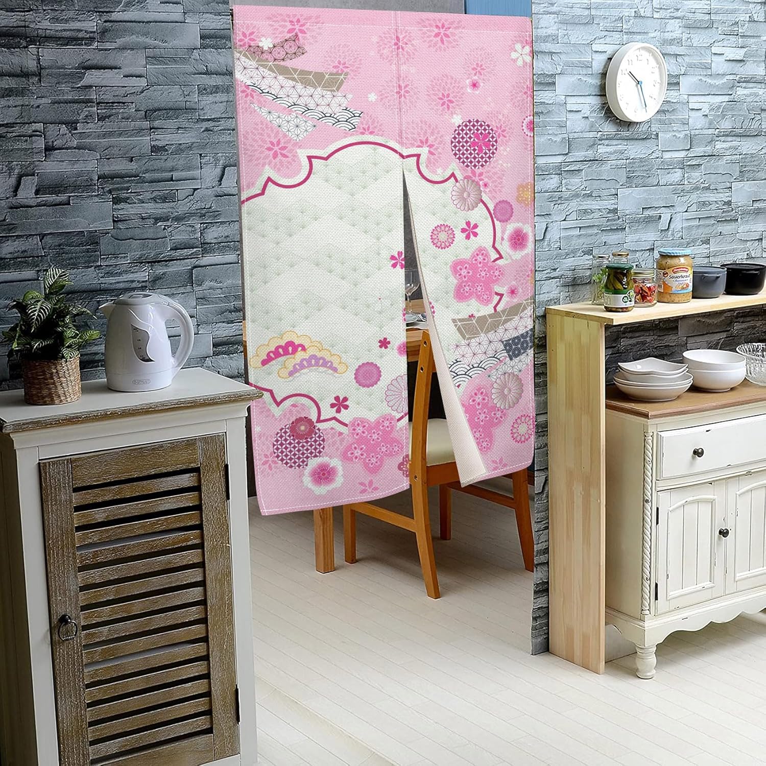 Traditional Japanese Noren Curtain Pink Flowers 335x709 Inch