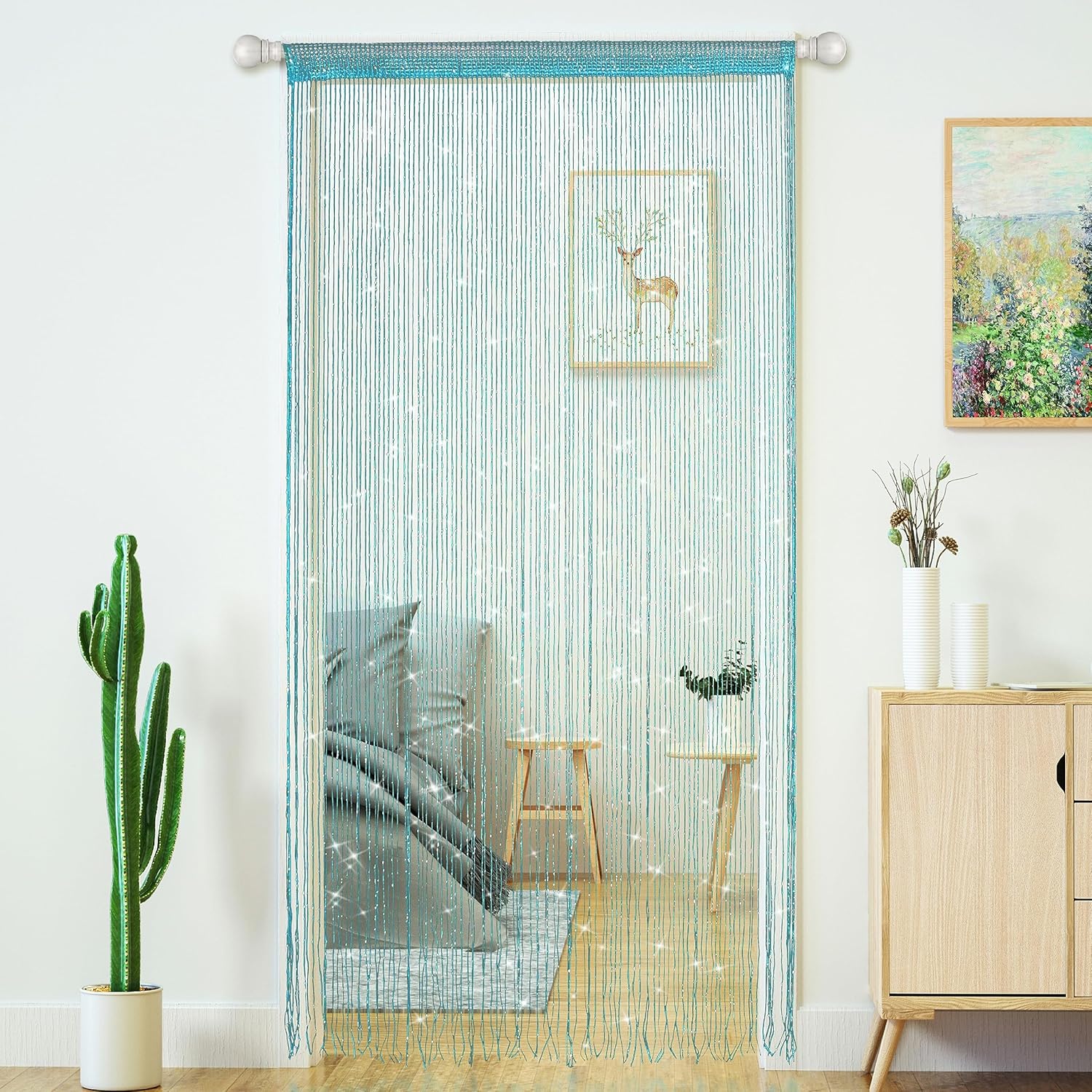 Glitter Beaded Curtain Panel Blue 39x79 Inches