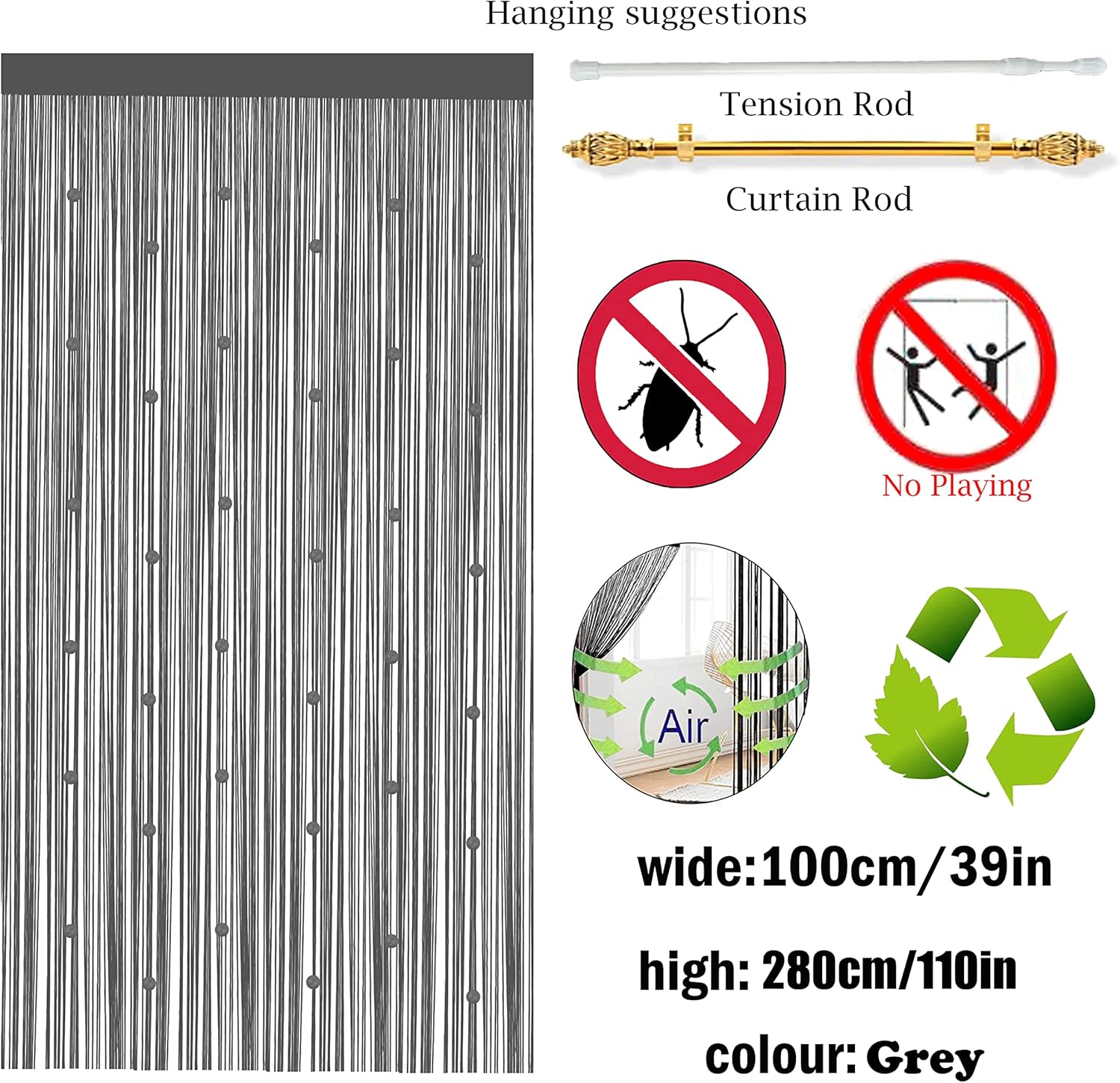 Beads Curtain Door String Curtains for Bedroom Closet Drapes Grey 39x110in