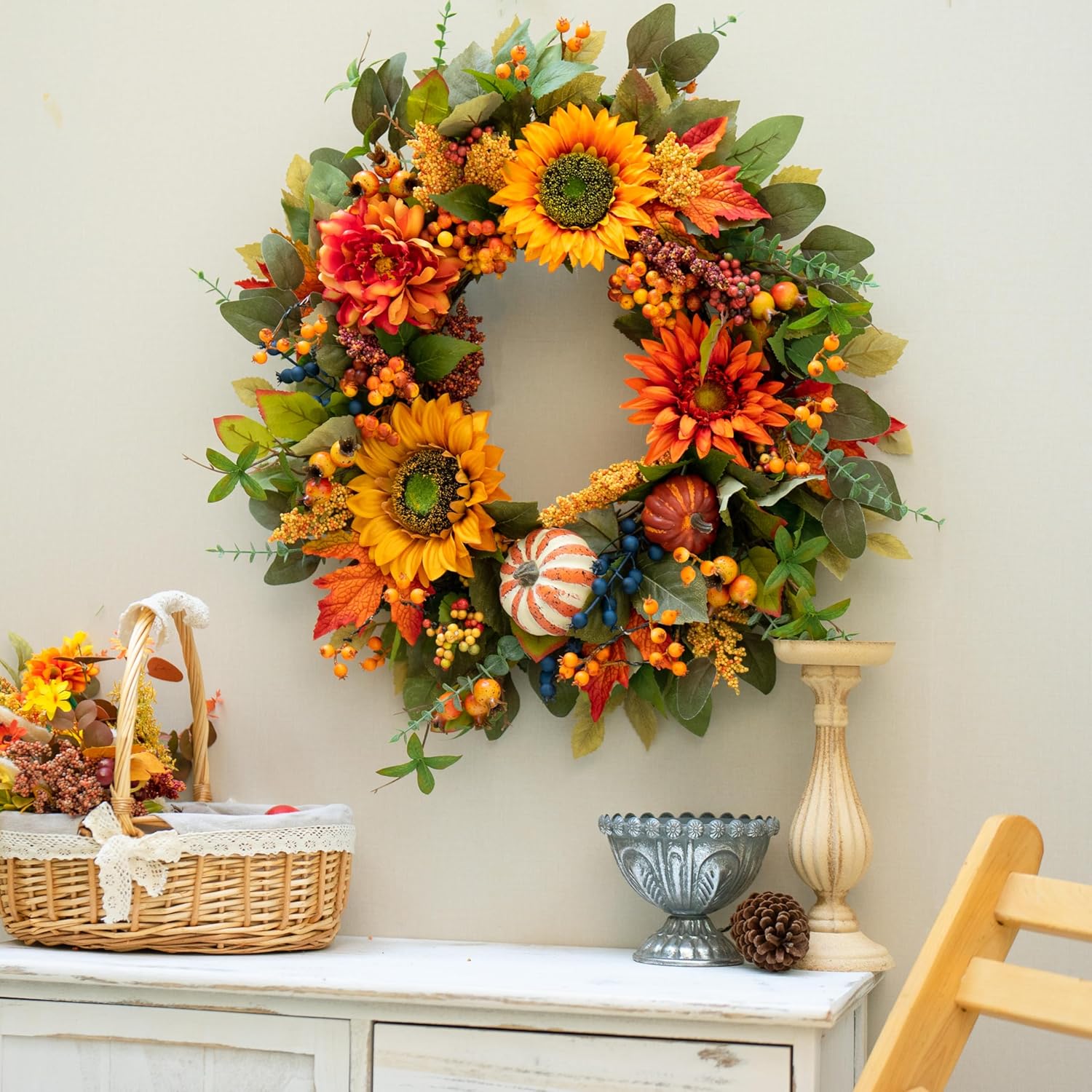 24 Inch Fall Wreath with Pumpkins and Maple Leaves