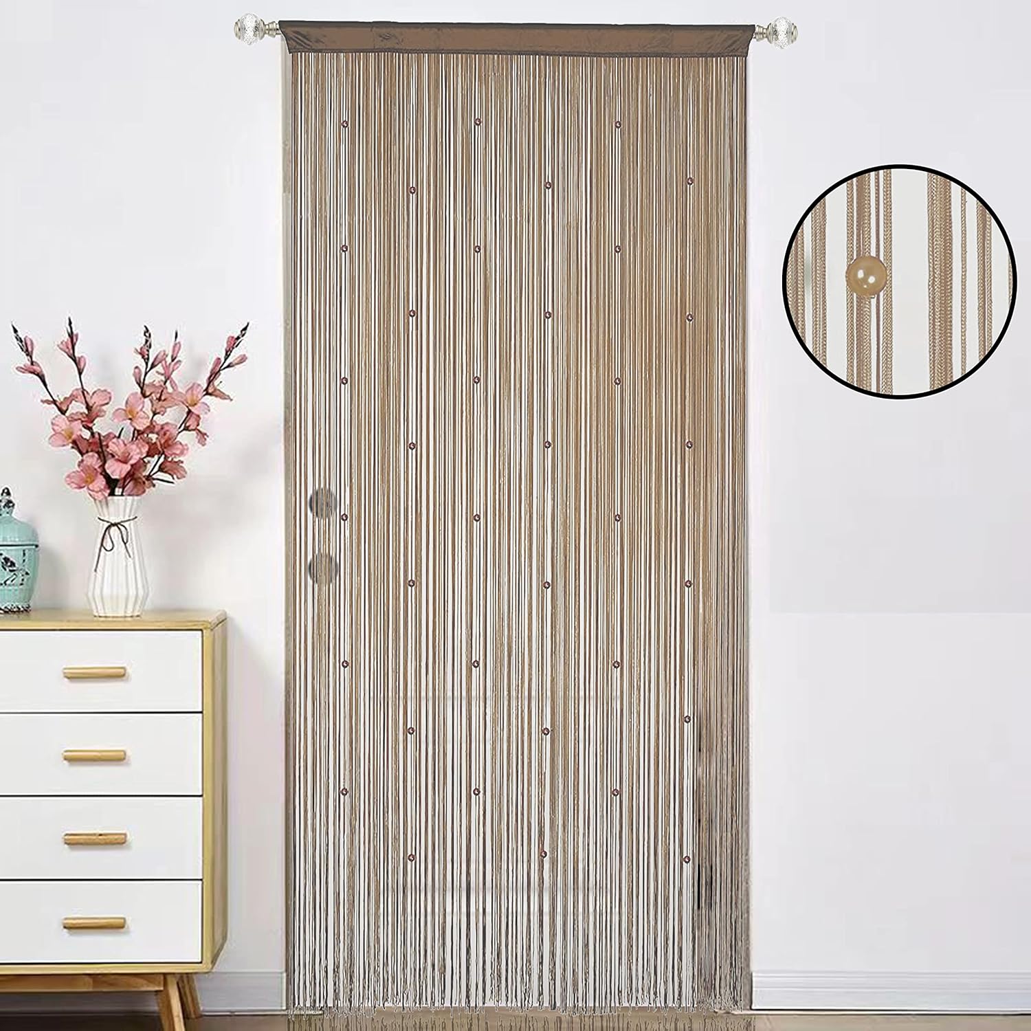 Beaded Curtain with Telescopic Rod for Privacy and Decor
