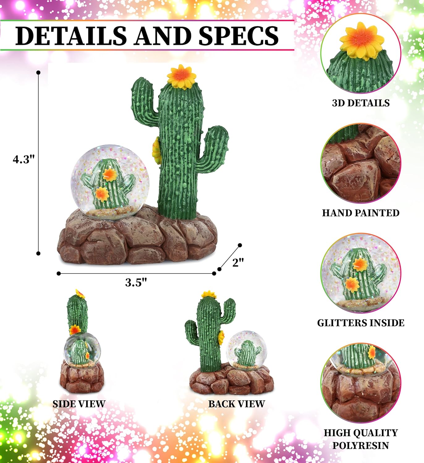 CoTa Global Cactus Snow Globe - Magical Rainbow Glitter Water Globe