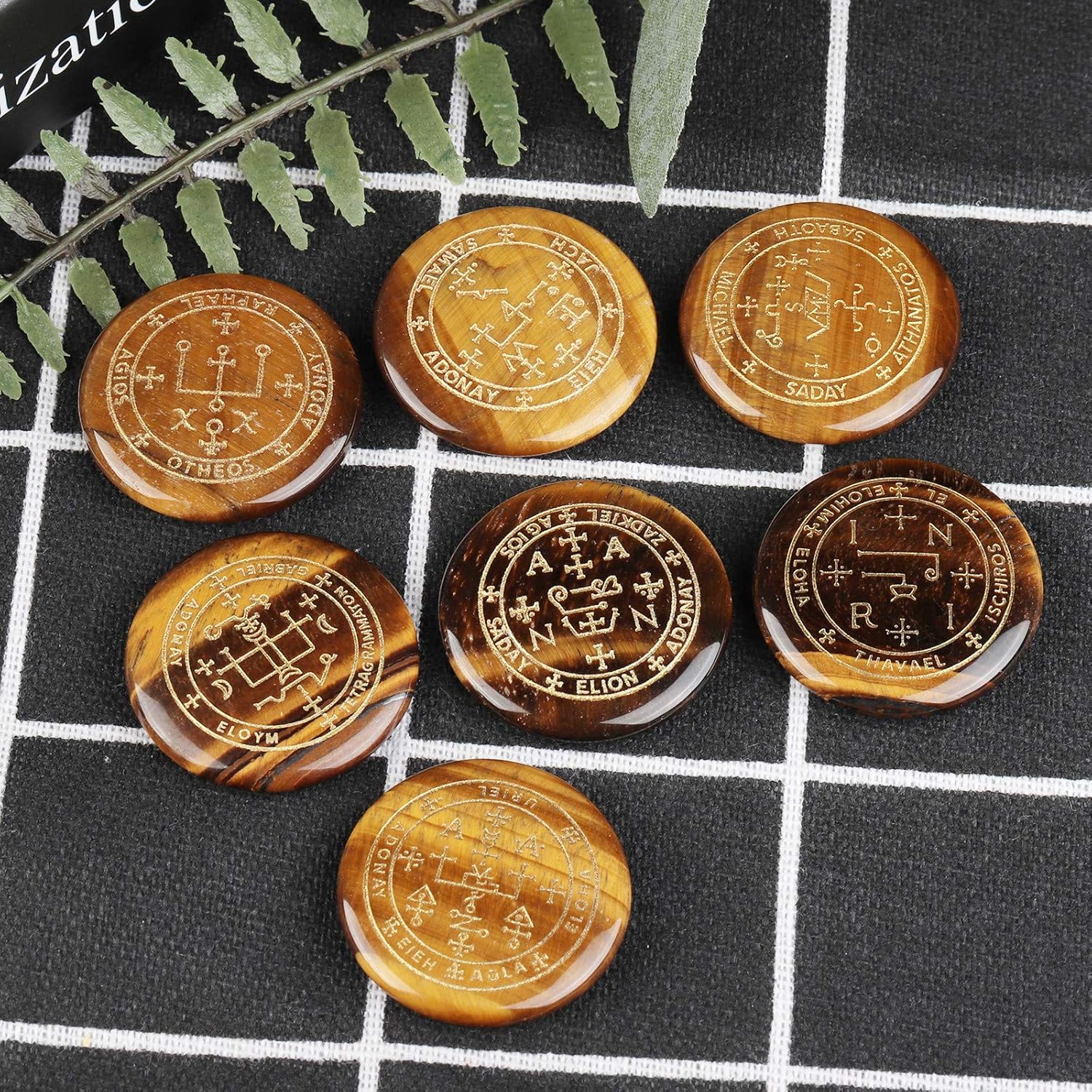 7 Piece Tigers Eye Stones Set with Magic Archangel Symbol