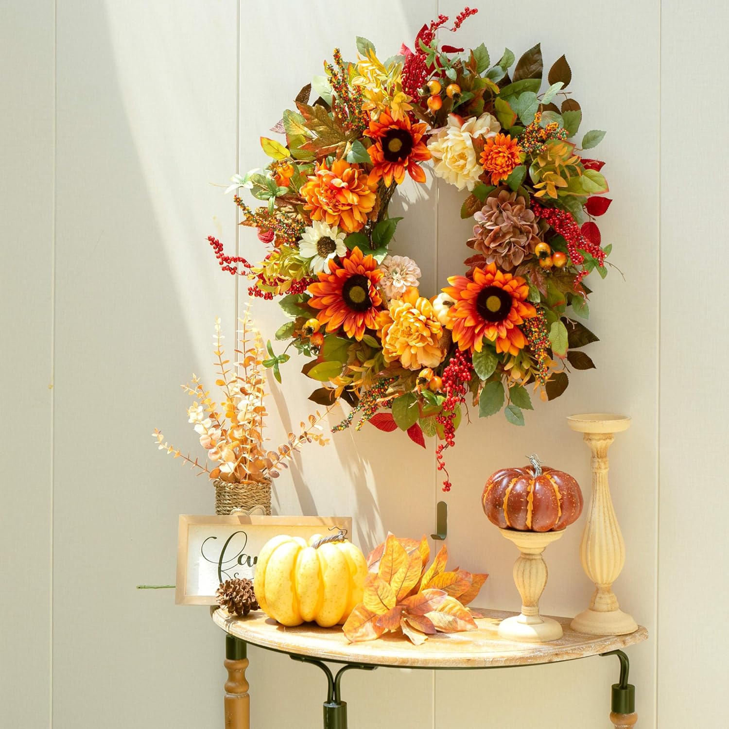 24 Inch Fall Door Wreath with Sunflowers Peonies White Pumpkins Eucalyptus Berries