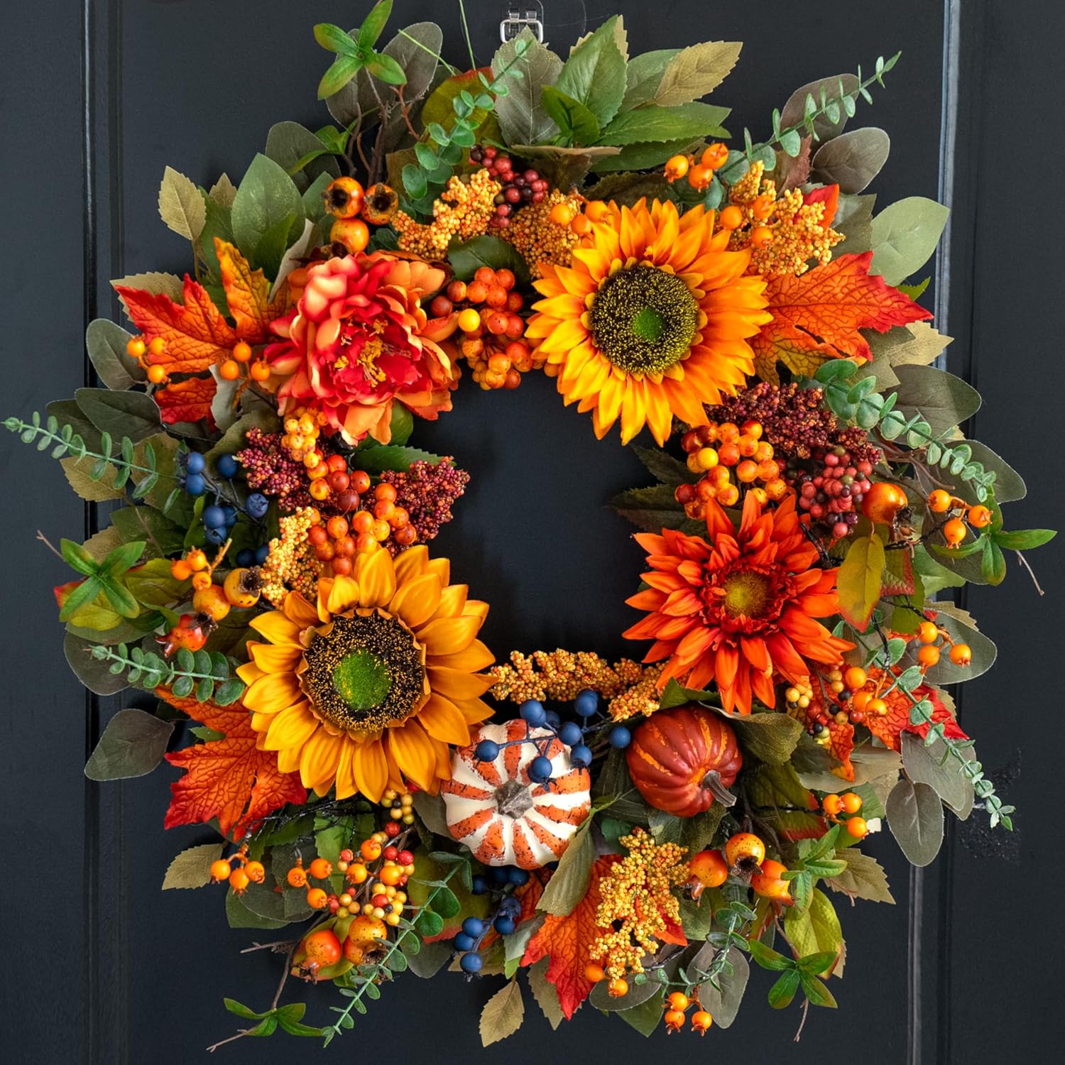 24 Inch Fall Wreath with Pumpkins and Maple Leaves