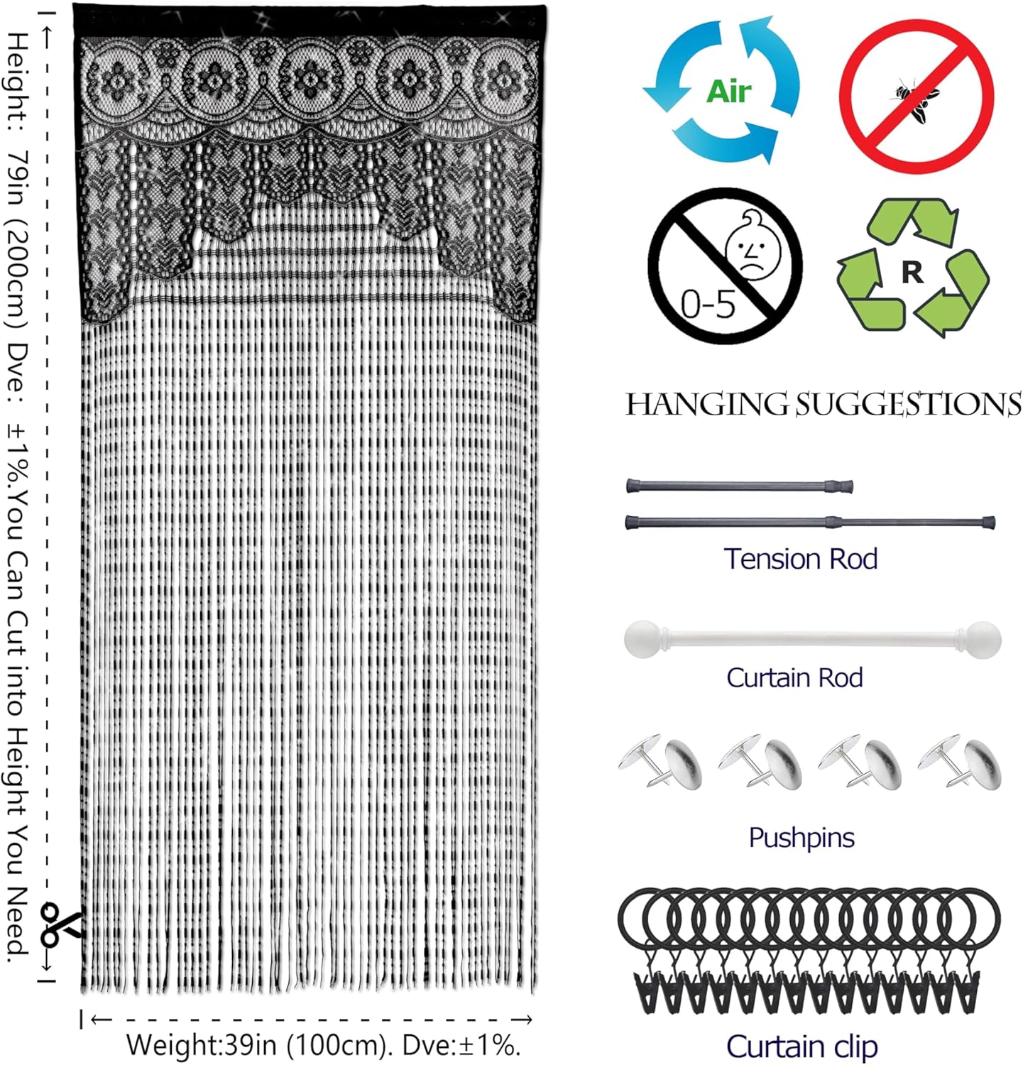 Lace Door String Curtain Black 39x79in