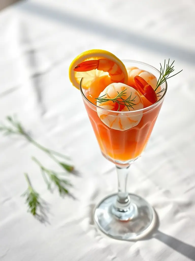 A vibrant serving of Spicy Shrimp Cocktail, featuring plump shrimp in a zesty cocktail sauce, garnished with lemon wedges, ideal for an autumn gathering.