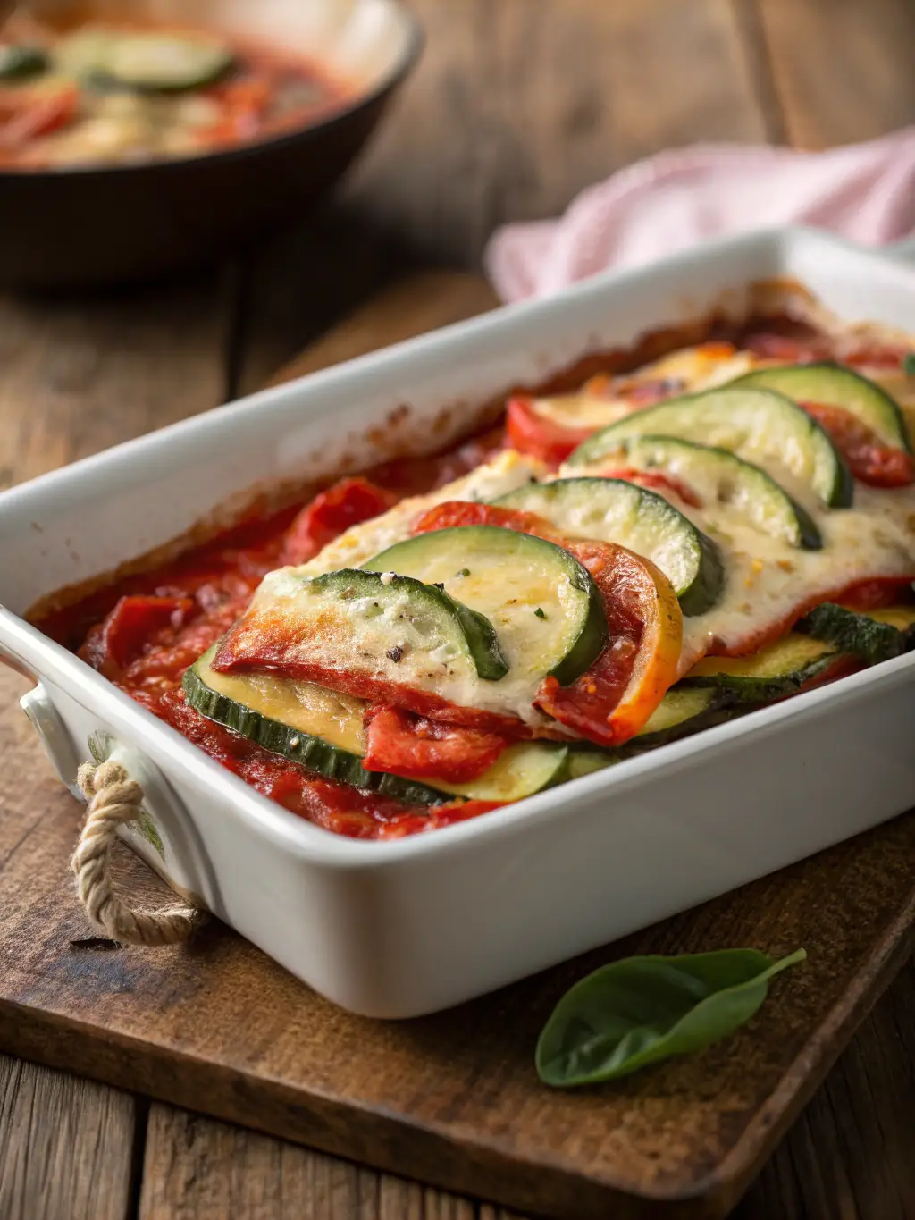 A close-up shot of a Roasted Vegetable Lasagna, showcasing the layers of colorful roasted vegetables and melted cheese, perfect for an autumn-themed catering menu.