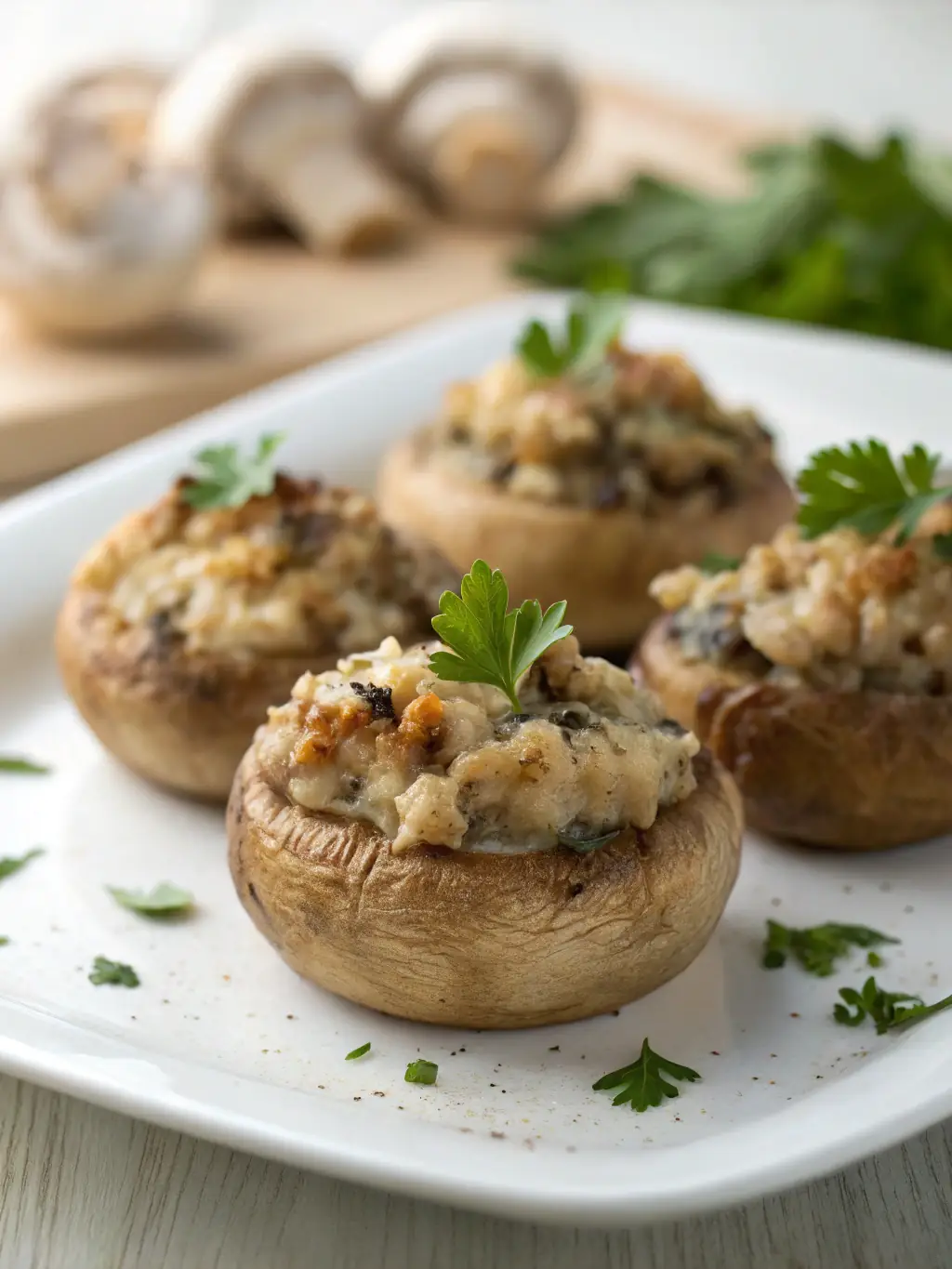 A close-up of Stuffed Mushroom Caps, filled with a creamy mixture of herbs and spices, perfect as an appetizer for an autumn feast.